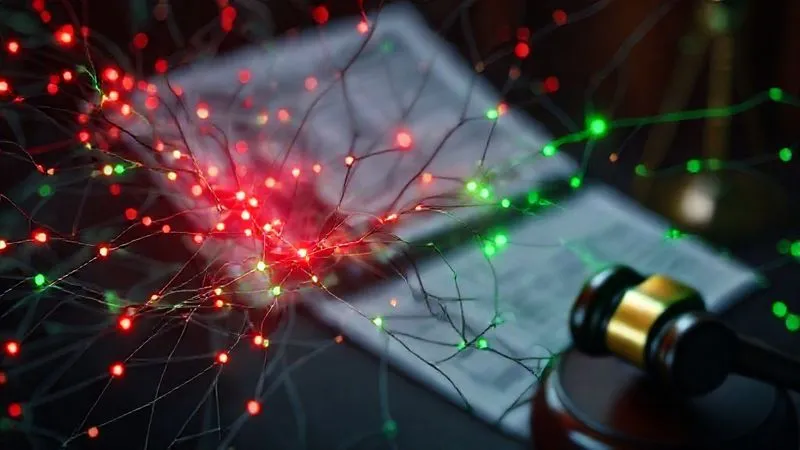 A photorealistic image depicting a complex web of digital data streams, with certain streams highlighted in red and others in green, symbolizing legal vs. illegal prioritization. The background shows blurred legal documents and a judge's gavel. Professional photography, 8K, cinematic lighting, sharp focus, depth of field.