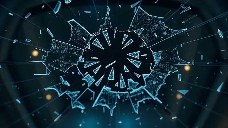 photorealistic, professional photography, 8K, cinematic lighting, sharp focus, depth of field, shot on a high-end DSLR, a shattered glass ceiling representing broken legal frameworks, with digital code fragments scattering, symbolizing the difficulty of applying old laws to new AI challenges. The scene is stark and thought-provoking.