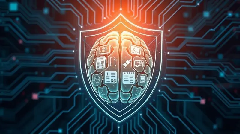 photorealistic, professional photography, 8K, cinematic lighting, sharp focus, depth of field, shot on a high-end DSLR, a strong, futuristic digital shield protecting a stylized AI brain, with intricate legal documents and contracts subtly woven into the shield's design, symbolizing proactive legal and governance measures for AI security. The mood is secure and forward-thinking.