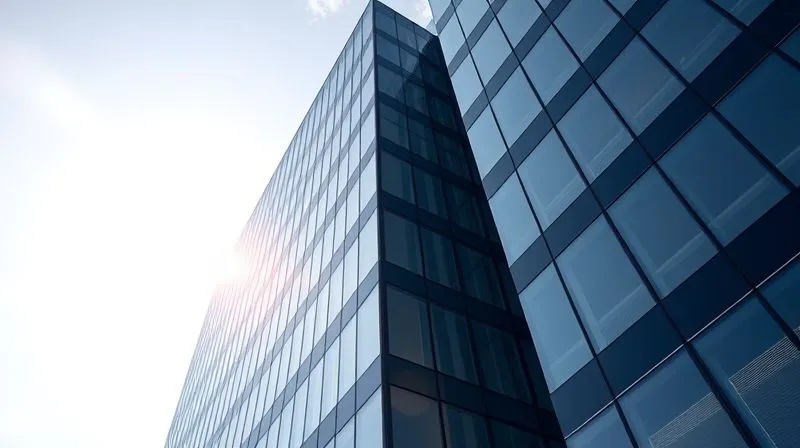 A photorealistic image of a modern office building with a bright, sunny sky, symbolizing the success and growth of a startup company. The focus is on the building's glass facade, reflecting the ambition and innovation of the business.