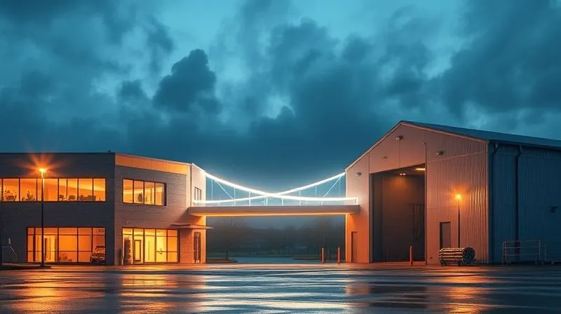 A photorealistic image showing two properties - a commercial building and a warehouse - connected by a glowing, ethereal bridge, symbolizing a like-kind exchange. The lighting is dramatic, highlighting the connection between the properties.