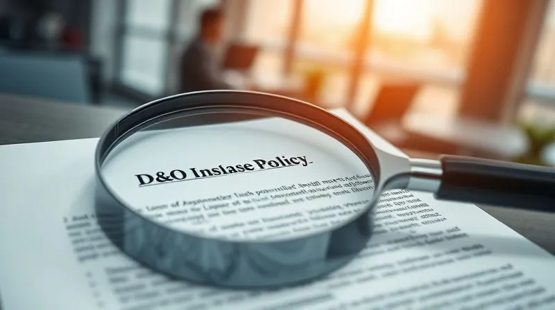 A photorealistic image of a detailed D&O insurance policy document, with a magnifying glass hovering over complex legal text. The background is a subtly blurred corporate office environment. Cinematic lighting creates a serious and professional mood, emphasizing clarity and scrutiny. Sharp focus on the document and magnifying glass, depth of field, 8K, professional photography.