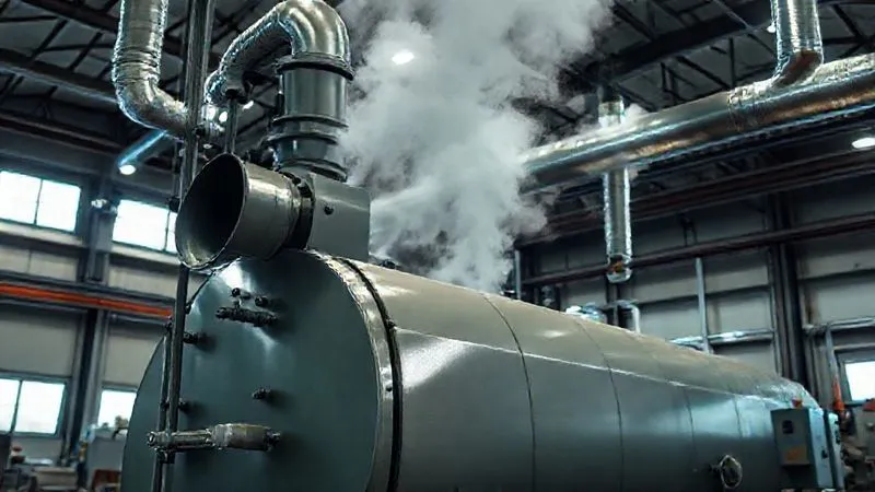 photorealistic, professional photography, 8K, cinematic lighting, sharp focus, depth of field, shot on a high-end DSLR, a large, modern industrial air scrubber system with visible clean air exhaust, steam rising cleanly, in a well-maintained factory setting, emphasizing technological advancement.