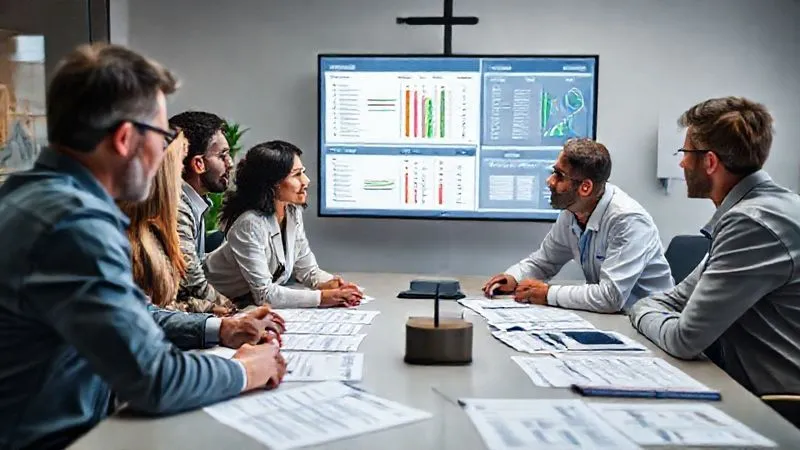 A photorealistic, professional photography, 8K, cinematic lighting, sharp focus, depth of field, shot on a high-end DSLR, depicting a team of diverse professionals collaborating around a large monitor displaying a compliance dashboard, with checklists and reports spread across a table. The atmosphere is one of focused review and problem-solving.