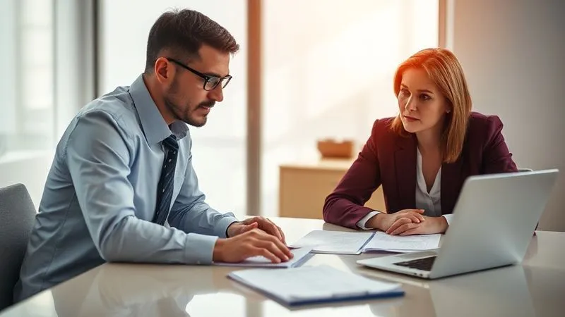 A photorealistic, professional photography, 8K, cinematic lighting, sharp focus, depth of field, shot on a high-end DSLR, depicting two professionals (one representing a school official, one representing a federal agency) engaged in a clear, collaborative discussion over a conference table, with official documents and a laptop open. The background is bright and professional, suggesting transparency and cooperation.