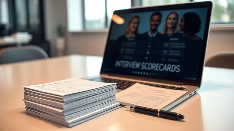 A photorealistic, professional photography, 8K, cinematic lighting, sharp focus, depth of field, shot on a high-end DSLR image showing a clean, modern desk with a laptop displaying a structured interview template. On the desk, there's a neatly organized stack of identical interview scorecards and a pen, emphasizing standardization and consistency. The lighting is bright and professional, suggesting clarity and order. A diverse group of blurred faces can be seen reflected faintly on the laptop screen, symbolizing fair assessment across candidates.