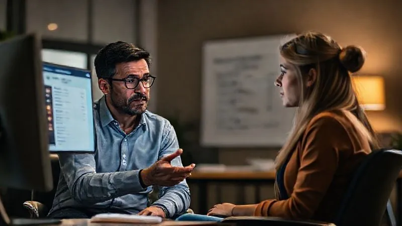 Photorealistic, professional photography, 8K, cinematic lighting, sharp focus, depth of field, shot on a high-end DSLR. A concerned but empathetic university advisor sits across from a student, both looking at a computer screen displaying transfer credit options. The advisor is gesturing reassuringly, conveying support and guidance.
