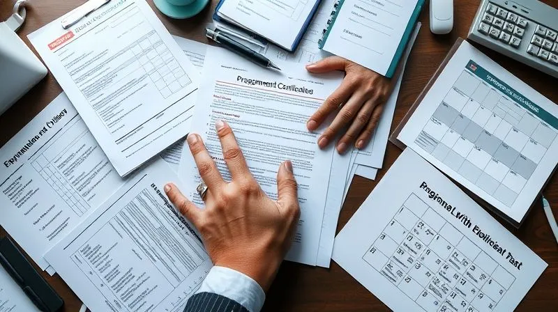 A photorealistic, professional photography, 8K, cinematic lighting, sharp focus, depth of field, shot on a high-end DSLR of a meticulously organized desk with various documents laid out: medical records, employment letters, certificates of program completion, and a calendar with appointments. A person's hands are carefully arranging these papers, symbolizing the act of gathering evidence for a defense. The lighting is soft and hopeful, suggesting a path to clarity amidst complexity.
