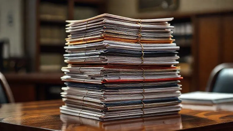 Photorealistic, professional photography, 8K, cinematic lighting, sharp focus, depth of field, shot on a high-end DSLR. A towering stack of meticulously organised legal documents and folders, tied with string and labelled clearly, on a polished wooden desk. The background is a slightly blurred, traditional law office setting, emphasising order, diligence, and the weight of evidence. A subtle ray of light highlights the top document, symbolising clarity amidst complexity.