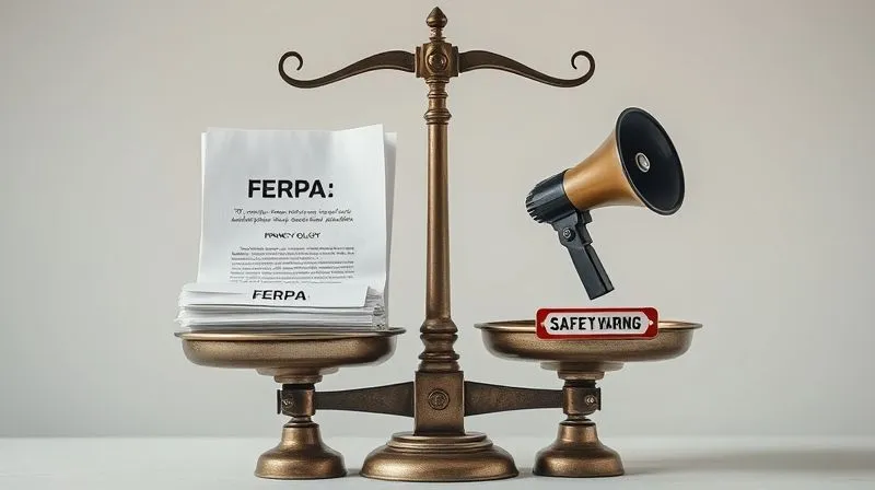 A photorealistic image of a vintage legal scale with two pans. On one pan, a stack of legal documents labeled "FERPA" and "Privacy Policy." On the other pan, a flashing emergency light and a megaphone, labeled "Clery Act" and "Safety Warning." The scales are slightly unbalanced, symbolizing the ongoing tension. Professional photography, 8K, cinematic lighting, sharp focus, depth of field, shot on a high-end DSLR.