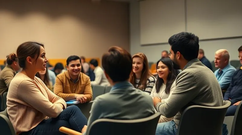 A photorealistic, professional photography image of a diverse group of college students and faculty members engaged in an open, respectful discussion in a modern university lecture hall. They are sitting in a semi-circle, with some individuals actively listening and others speaking. The atmosphere is one of collaboration and mutual understanding, with soft, inviting cinematic lighting. Sharp focus on the group, depth of field blurring the background. 8K hyper-detailed, shot on a high-end DSLR.