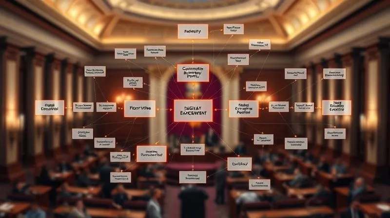 Photorealistic, professional photography, 8K, cinematic lighting, sharp focus, depth of field, shot on a high-end DSLR. A complex, interconnected flowchart diagram representing the legislative process, with glowing nodes highlighting 'Committee Review' and 'Floor Vote,' symbolizing critical intervention points, set against a blurred background of a bustling legislative building. The diagram should be clear and visually engaging, conveying a sense of intricate but understandable steps.