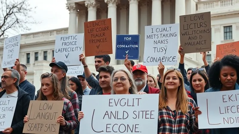 Photorealistic, professional photography, 8K, cinematic lighting, sharp focus, depth of field, shot on a high-end DSLR. A diverse group of people holding up signs with constitutional symbols and legal phrases, gathered peacefully outside a government building, with determined but hopeful expressions. The scene should convey unity and organized civic action, with a focus on community and shared purpose.