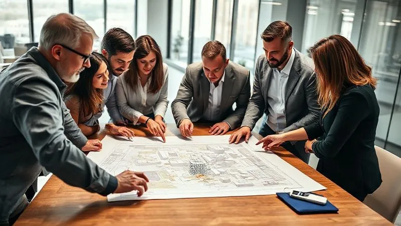 photorealistic, professional photography, 8K, cinematic lighting, sharp focus, depth of field, shot on a high-end DSLR. A diverse team of architects, urban planners, and a developer gathered around a large table, meticulously reviewing detailed blueprints and digital renderings of a commercial development project. They are pointing at specific sections, engaged in a collaborative and focused discussion, with a sense of proactive planning and strategic foresight. The background shows a modern, well-lit office space.