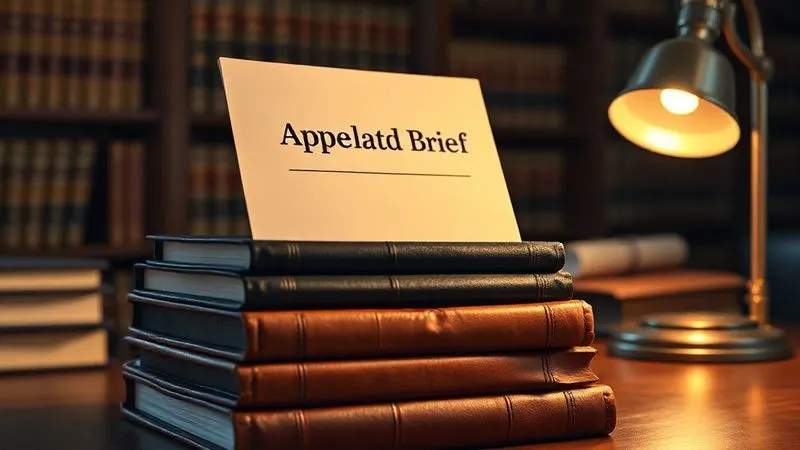 Photorealistic, professional photography, 8K, cinematic lighting, sharp focus, depth of field, shot on a high-end DSLR. A stack of thick, leather-bound law books on a barrister's desk, with a single, prominent document titled 'Appellate Brief' on top, illuminated by a focused desk lamp, conveying diligence and scholarly legal work.