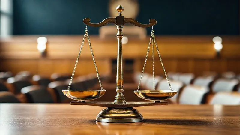 Photorealistic image of a balanced scale, with one side clearly heavier due to an unseen procedural imbalance, symbolizing unfairness in a legal process. Professional photography, 8K, cinematic lighting, sharp focus on the scale, depth of field blurring a courtroom setting, shot on a high-end DSLR.