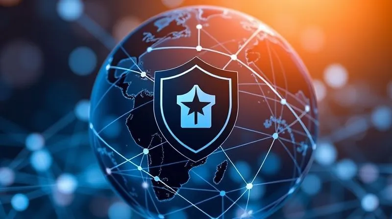 photorealistic, professional photography, 8K, cinematic lighting, sharp focus, depth of field, shot on a high-end DSLR. A stylized globe with interconnected lines representing global trade and intellectual property routes, with a strong, protective shield icon overlaid, signifying international brand protection. The lighting is sophisticated, emphasizing the global network and security.