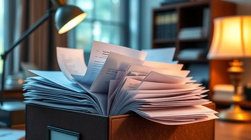 A photorealistic image of a legal file folder overflowing with various documents like school reports, medical records, and personal letters, illuminated by a focused desk lamp in a lawyer's office. The background is softly blurred, indicating the vast amount of evidence needed. 8K, cinematic lighting, sharp focus, depth of field, shot on a high-end DSLR.