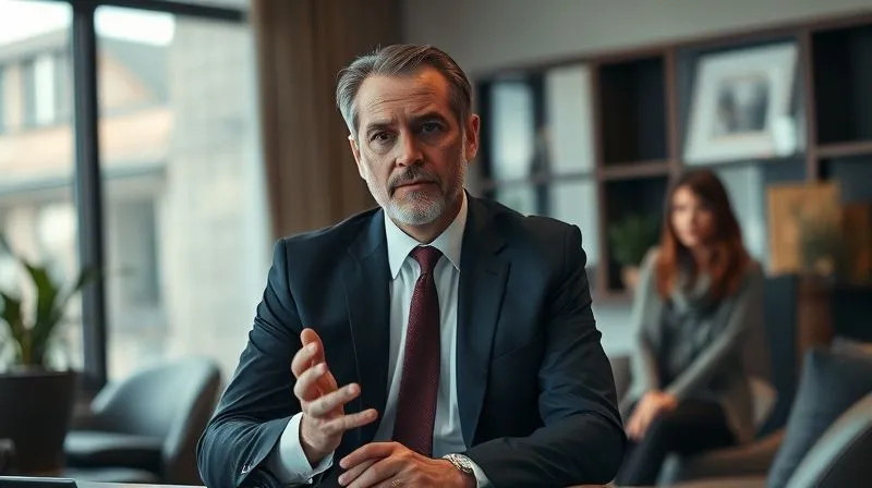 A photorealistic, professional photography image of a focused, empathetic lawyer in a well-appointed office, consulting with a concerned family (out of focus in background). The lawyer is gesturing thoughtfully, conveying expertise and reassurance. 8K, cinematic lighting, sharp focus on the lawyer, depth of field, shot on a high-end DSLR.