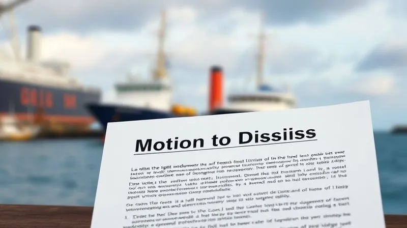 A photorealistic, professional photography, 8K, cinematic lighting, sharp focus, depth of field, shot on a high-end DSLR, of a legal document titled 'Motion to Dismiss' with a blurred background of a ship at anchor in a harbor, symbolizing a challenge to the vessel's legal standing.