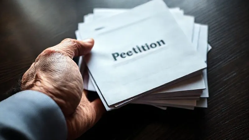 A close-up, photorealistic, professional photography shot of a bewildered person's hand trembling slightly as they hold a stack of official-looking legal documents on a dark wooden table. The documents are blurred in places, but the word 'Petition' is visible. Cinematic lighting creates a sense of tension and urgency, with sharp focus on the hand and documents. 8K hyper-detailed, shot on a high-end DSLR.