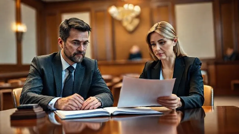 A photorealistic, professional photography shot of a serious, determined legal team, a male and a female attorney, consulting quietly at a polished wooden table in a formal courtroom. They are reviewing documents, with one pointing to a specific section. Soft, directional cinematic lighting highlights their faces, conveying focus and strategy. The background shows blurred jury box and judge's bench, indicating a live proceeding. 8K hyper-detailed, shot on a high-end DSLR.