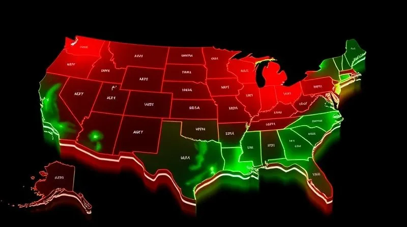 A photorealistic 3D map of a U.S. state with specific regions highlighted in red for 'non-attainment' and green for 'attainment', showing data overlays for air quality metrics. The map is digital, glowing, with sharp focus on the highlighted regions, depth of field, 8K, cinematic lighting, shot on a high-end DSLR.