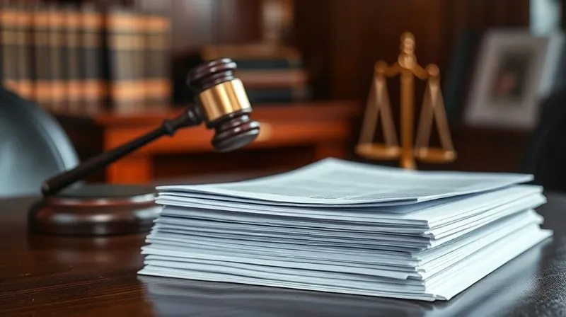 A photorealistic image depicting a stack of legal briefs and documents on a polished wooden desk, with a gavel and a small scale of justice in the background, all under dramatic cinematic lighting. The focus is sharp on the top document, depth of field blurs the background, 8K, professional photography, shot on a high-end DSLR.