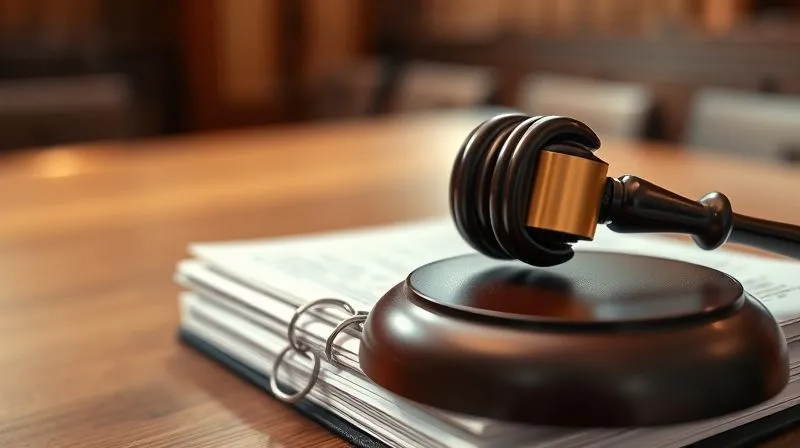 A close-up, photorealistic image of a gavel on a stack of legal documents, with a blurry background of a courtroom. The scene conveys legal authority and the gravity of judicial decisions. Professional photography, 8K, cinematic lighting, sharp focus on the gavel, depth of field, shot on a high-end DSLR.
