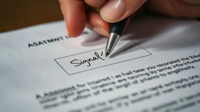 A photorealistic close-up of a legal document with a signature block, partially obscured by a hand holding a pen, symbolizing the formal act of waiving immunity. Professional photography, 8K, cinematic lighting, sharp focus on the signature, depth of field blurring the document text, shot on a high-end DSLR.