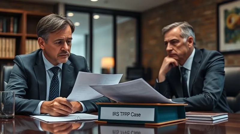 photorealistic, professional photography, 8K, cinematic lighting, sharp focus, depth of field, shot on a high-end DSLR, a lawyer in a professional office setting, leaning forward, explaining complex legal documents to a concerned client, who is listening intently, with a folder labeled 'IRS TFRP Case' prominently on the table. The mood is one of focused guidance and reassurance.