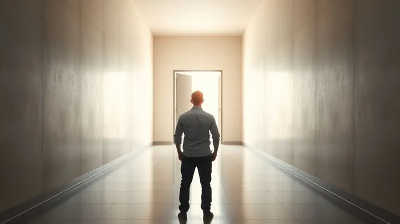 photorealistic, professional photography, 8K, cinematic lighting, sharp focus, depth of field, shot on a high-end DSLR, a person standing confidently at the end of a long, clear corridor, bathed in soft, hopeful light, looking towards an open door, symbolizing resolution and a path forward after overcoming a significant challenge. The mood is calm and optimistic, with a sense of relief and accomplishment.