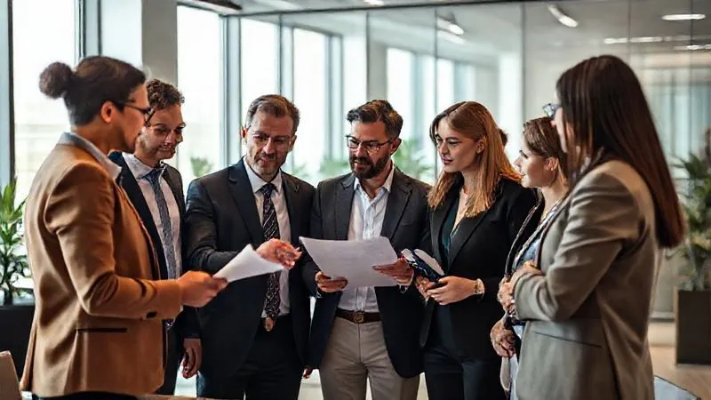 A diverse group of professionals in a modern office collaborating, one person pointing at a legal document on a screen, all looking engaged and focused on a complex problem, representing teamwork and expert consultation, cinematic lighting, photorealistic, 8K.
