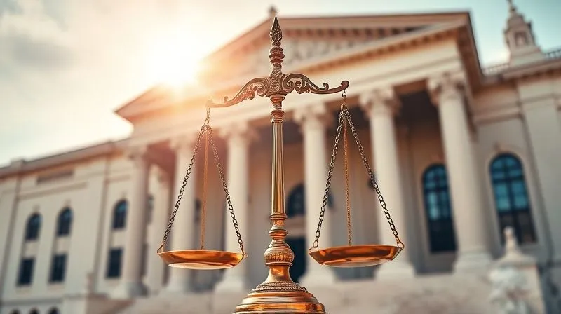 A balanced scale of justice against a backdrop of classical courthouse architecture, sunlight streaming through tall windows, photorealistic, professional photography, 8K, cinematic lighting, sharp focus, depth of field, shot on a high-end DSLR, conveying solemnity and the weight of legal decisions.