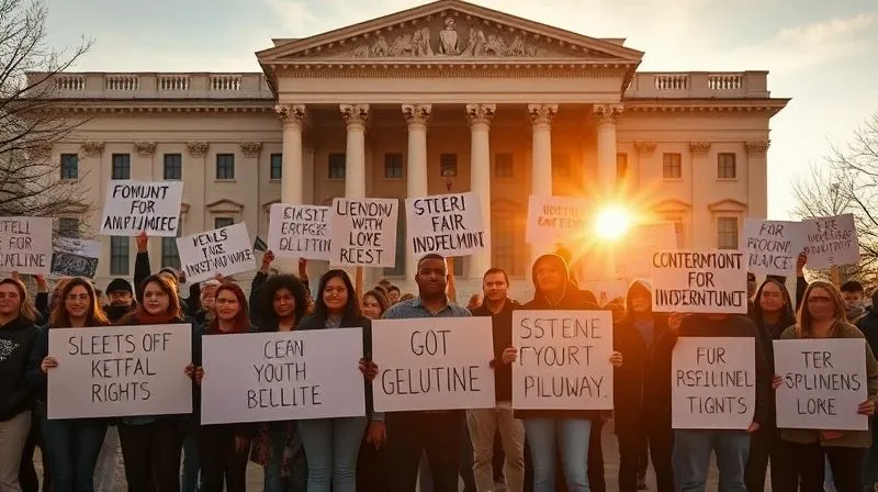 A diverse group of citizens holding signs for constitutional rights and government accountability, standing united in front of a government building, peaceful but determined, golden hour cinematic lighting, photorealistic, professional photography, 8K, sharp focus, depth of field, shot on a high-end DSLR, conveying collective determination.