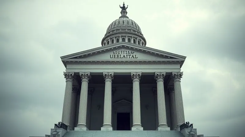 A photorealistic image of the three branches of government (legislative, executive, judicial) represented as pillars, each supporting a shared dome, cinematic lighting, sharp focus, depth of field, 8K hyper-detailed.