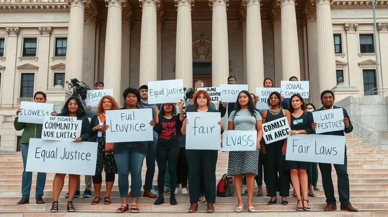 photorealistic, professional photography, 8K, cinematic lighting, sharp focus, depth of field, shot on a high-end DSLR, a diverse group of community advocates and legal professionals holding signs with phrases like 'Equal Justice' and 'Fair Laws', standing united on the steps of a government building, symbolizing collective action and advocacy.