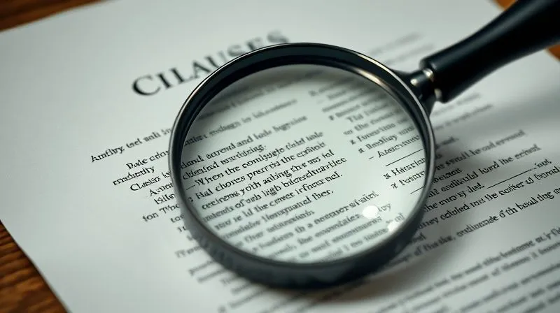Photorealistic image of a legal document highlighting specific clauses, with a magnifying glass over a section, implying scrutiny and detailed examination. Cinematic lighting, sharp focus, depth of field, 8K hyper-detailed.
