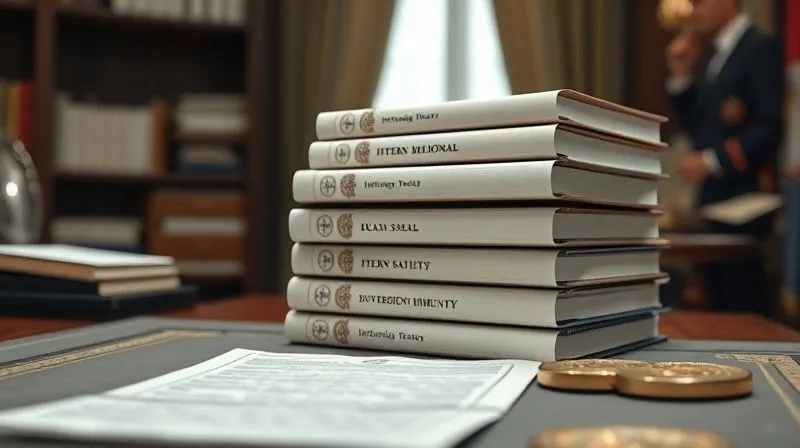 Photorealistic image of a diplomat's desk with a stack of international treaties and official seals, representing sovereign immunity and international legal agreements. Cinematic lighting, sharp focus on the seals, depth of field blurring the background, 8K hyper-detailed.