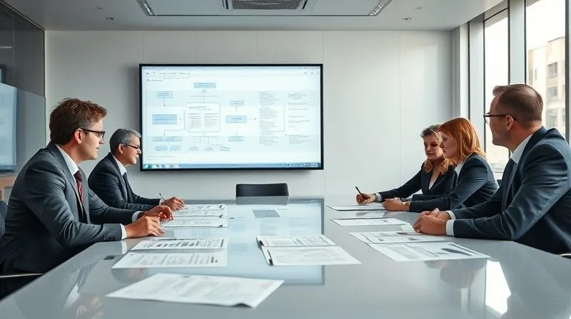 Photorealistic image of a legal team in a modern, well-lit conference room, intensely discussing documents spread across a large table. One lawyer points to a projection on a screen showing a complex legal flowchart. Cinematic lighting, sharp focus on the team and documents, depth of field blurring the background, 8K hyper-detailed.