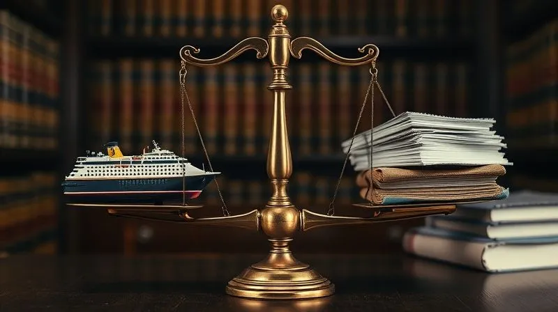 A photorealistic image of a vintage brass scale of justice, perfectly balanced, with a tiny cruise ship model on one side and a stack of legal documents on the other. The background is a dimly lit, traditional legal library with rows of leather-bound books. Cinematic lighting, sharp focus on the scale, depth of field blurring the background, 8K hyper-detailed, shot on a high-end DSLR, conveying the delicate balance of maritime law and contractual fairness.