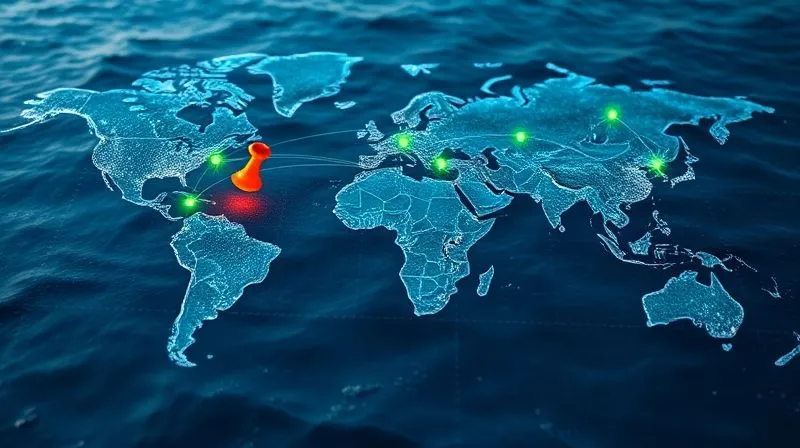 A photorealistic, detailed world map made of shimmering blue water, with a small, glowing red pin marking a cruise ship's home port (e.g., Miami) and several radiating green pins marking various passenger home states. Interconnecting lines of light show the legal reach and 'minimum contacts' of the cruise line across different jurisdictions. Cinematic lighting, sharp focus on the map and pins, depth of field blurring the surrounding ocean, 8K hyper-detailed, shot on a high-end DSLR, conveying the concept of legal jurisdiction and geographical spread.