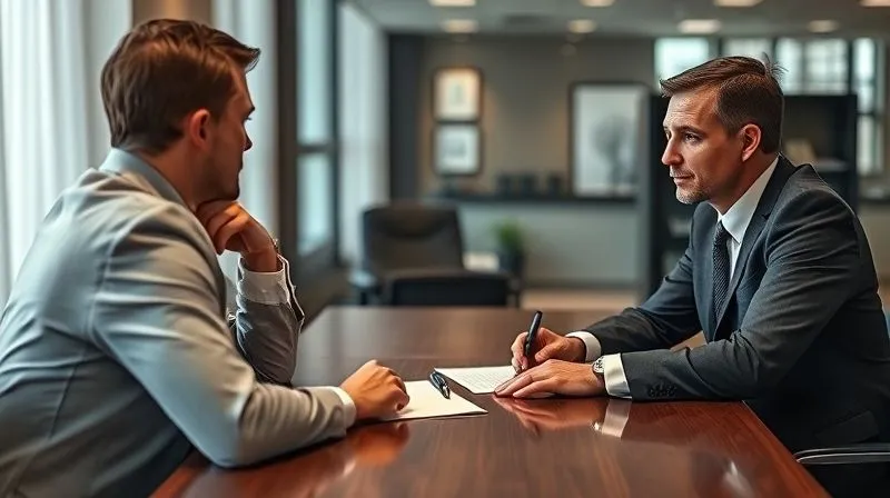 A photorealistic image of a person sitting across a table from a professional lawyer in a modern, well-lit office. The lawyer is attentively listening, with legal documents and a pen on the table between them. The client looks concerned but hopeful. Cinematic lighting, sharp focus on the faces and documents, depth of field blurring the background office details, 8K hyper-detailed, shot on a high-end DSLR, conveying a sense of trusted legal consultation and strategic planning.