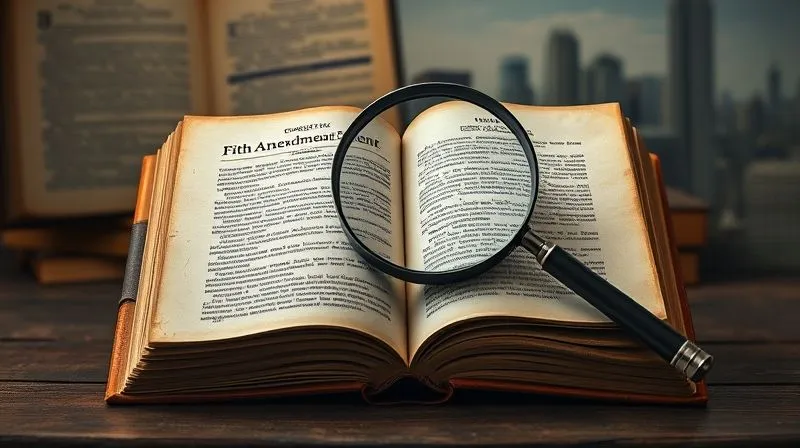 A photorealistic image of a weathered, heavy book titled 'Constitutional Law' open to a page discussing the Fifth Amendment, with a magnifying glass hovering over the 'Public Use' clause. The background features blurred historical legal texts and a modern city skyline, symbolizing the evolution of legal interpretation. Cinematic lighting, sharp focus on the book, depth of field. 8K, shot on a high-end DSLR.
