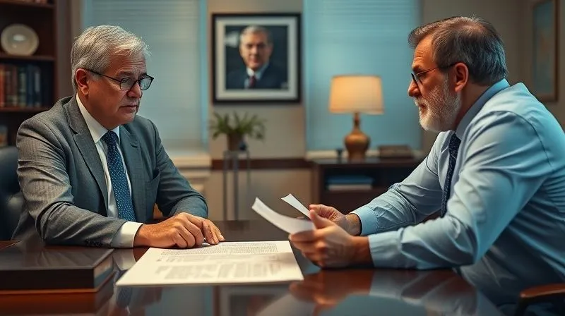A photorealistic, professional photography, 8K, cinematic lighting, sharp focus, depth of field, shot on a high-end DSLR, depicting a seasoned eminent domain attorney in a well-appointed office, leaning forward and speaking empathetically to a concerned property owner, who is listening intently. A complex legal document is open on the desk between them, symbolizing expert guidance.