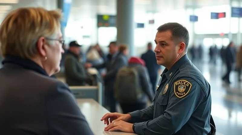 A photorealistic image of a person, appearing calm and professional, speaking respectfully to a uniformed CBP officer at a border crossing desk. The officer is listening attentively. Cinematic lighting, sharp focus on the interaction, depth of field blurring the background of a busy port of entry, 8K hyper-detailed.