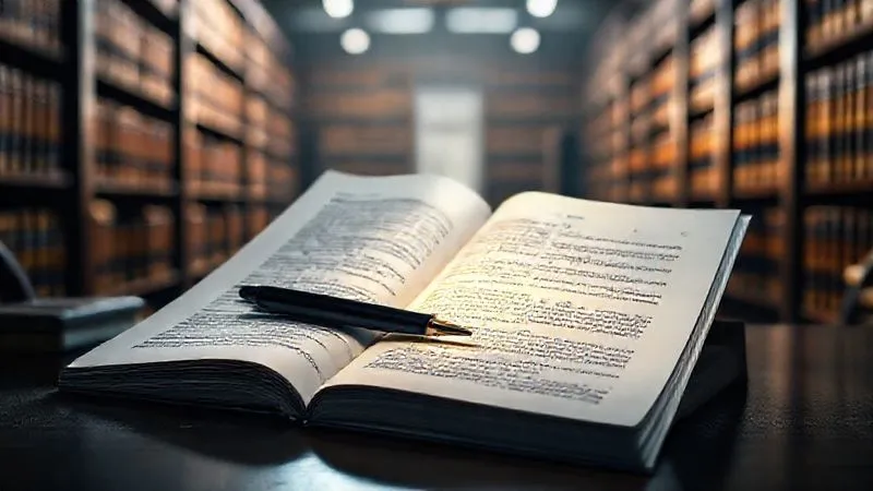 A photorealistic image of a legal brief, open on a desk, with a pen resting on a highlighted section. The brief contains complex legal arguments and citations. The background shows a dimly lit law library with shelves of legal texts. Cinematic lighting, sharp focus on the brief, depth of field blurring the background. Shot on a high-end DSLR, 8K hyper-detailed.