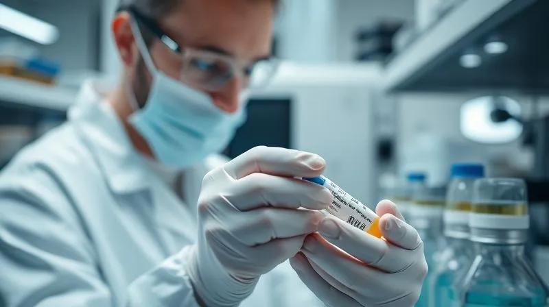 A photorealistic close-up of a scientist carefully handling DNA samples in a sterile lab, with advanced sequencing equipment in the background. Cinematic lighting, sharp focus, depth of field, 8K, shot on a high-end DSLR, professional photography.