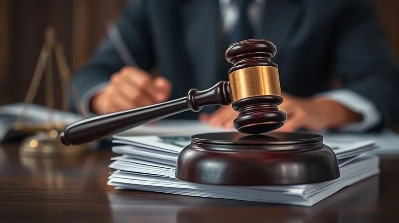 photorealistic, professional photography, 8K, cinematic lighting, sharp focus, depth of field, shot on a high-end DSLR. A gavel resting on a stack of legal papers, with a blurred background of a court setting and a stern, determined attorney, symbolizing the pursuit of justice and accountability after identifying an online defamer.