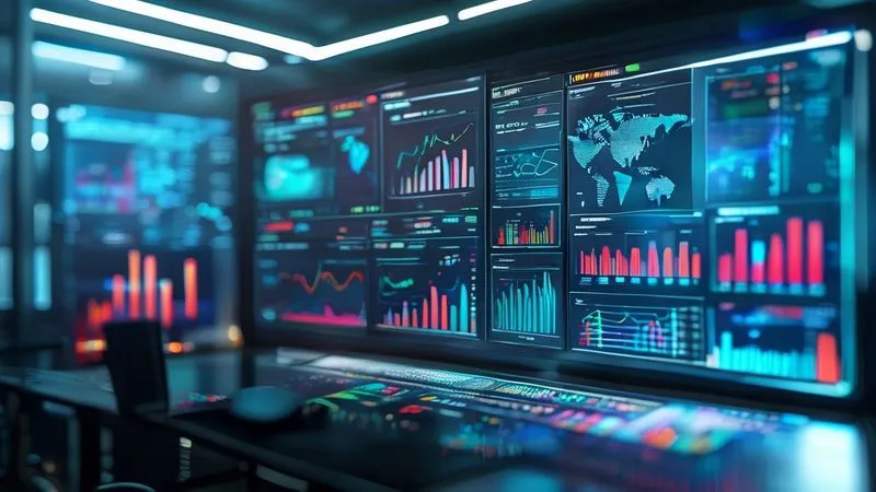 A photorealistic, professional photography image of a sophisticated data dashboard displaying intricate financial metrics and global tax figures, with various charts and graphs, all in a clean, modern interface. The screen glows softly in a dimly lit, high-tech control room, sharp focus on the data, depth of field blurring the background, 8K hyper-detailed, shot on a high-end DSLR.